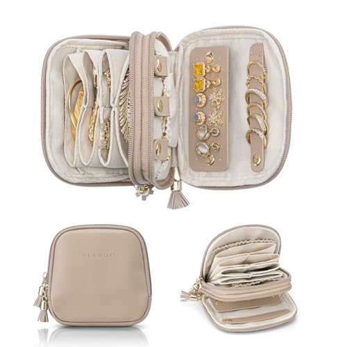 VLANDO Travel Jewelry Case,2-Layer Jewelry Organizer for Travel,Mothers Day Mom Gifts Teacher Gift,Multi-Compartment Jewelry Storage for Rings Earrings Necklaces Bracelets-Toffee