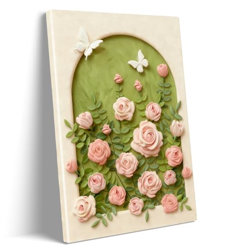 12x16 Inches Pink Roses Floral Wall Art Painting Pink and Green Room decor