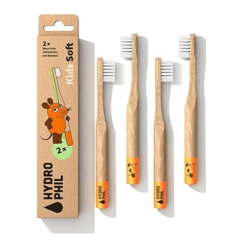 Hydrophil 4x Kinderzahnbrüsten extra weich aus Bambus, mit der Maus von 'Sendung mit der Maus', Bambuszahnbürste für Kinder, runder Griff, Zahnbürste Kinder ab 3 Jahren, Kids Toothbrush
