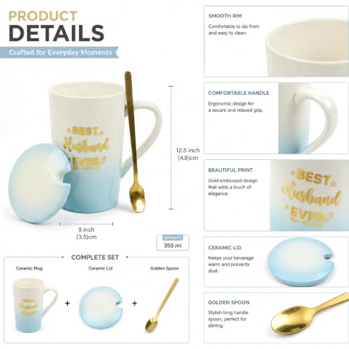 Image of ZAICUS Best Husband Ever Coffee Mug with Lid & Spoon, Gift for Husband | Suitable for Hot & Cold Beverages | Ceramic Mug | Elegant White & Blue Finish