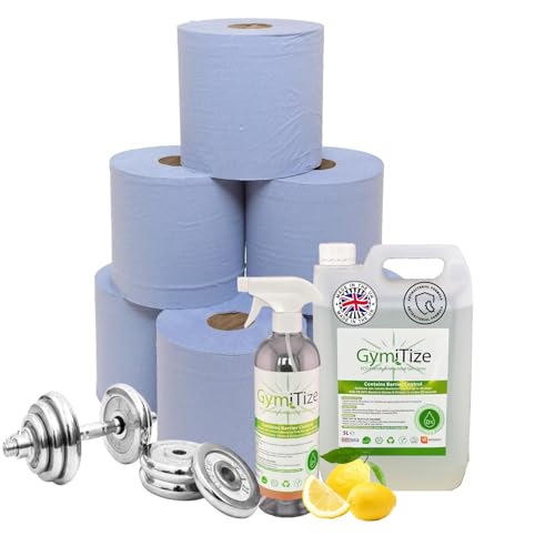 GymiTize Eco Friendly Gym Equipment Disinfectant Spray cleaner (5 Litre Bundle), Including 1 x Triggered Spray bottle and 6 x 2 Ply Blue Centerfeed Rolls: 500 Sheets Per Roll.