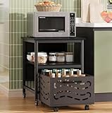 Rresyet Mini Fridge Stand with Movable Metal Drawer, 6 Universal Wheels (2 Lockable), Refrigerator Stand with Adjustable Shelves, Heavy Duty Metal Fridge Stand for Kitchen, Living Room