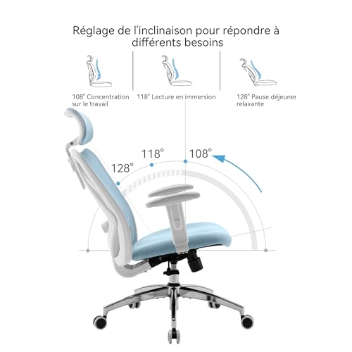 Miniatura 6 de Sihoo M18 Silla De Oficina Ergonómica, Silla De Escritorio Para Ordenador Con Reposacabezas Ajustable Y Soporte Lumbar, Respaldo Alto Silla Giratoria Ejecutiva Para Oficina En Casa Azul Claro