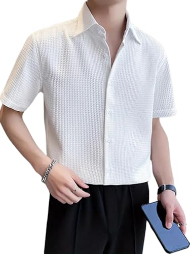 Image of GRECIILOOKS Shirt for Men | Mens Casual Shirt | Men Stylish Shirt | Men Waffle Shirt | Men's Regular Fit | Men Formal Shirt | Short Sleeve Shirt for Summer Outdoor Activities |Textured Shirts for Men