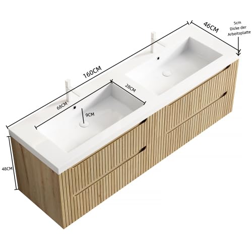 vutizal Szafka łazienkowa, umywalka 160 cm, z 2 umywalkami podszafkowymi, pływająca/wolna od podłoża, umywalki do zabudowy, 4 szuflady Soft-Close, wstępnie zmontowana, biały dąb