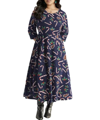 TACSTRUN Frauen Plus Size Maxi Kleider Langarm Rundhals Weihnachten Drucken Elastische Taille Herbst Winter Kleid,Blau,S