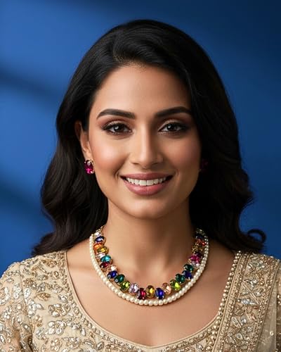 Image of Mansiyaorange Statement AD CZ American Diamond Cubic Zerconia Pearl Necklace Set | Gold Plated Chunky Fashion Jewelry for Women & Girls