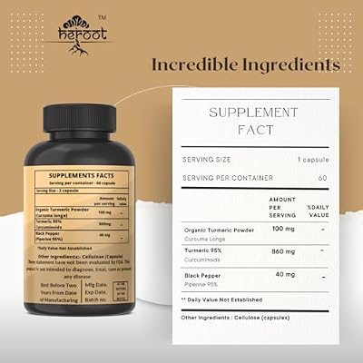 Turmeric Extract 1000mg with 95% Curcumin & Black Pepper Turmeric Complex Supplement | Non-GMO, Gluten Free 60 Capsules