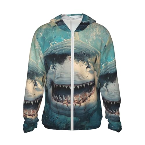UPF 50+ Sun Protection Hoodie Long Sleeve Ocean Shark Sun Shirt Rash Guard Fishing Shirts for Men