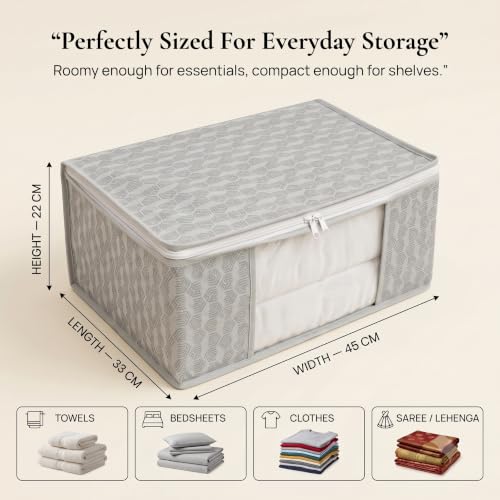 Image of BSB HOME Non-Woven Saree Cover and Clothes Storage Organizer with Transparent Window & Zipper Closure, Foldable Wardrobe Storage Bag for Sarees, Suits and Garments, 45 x 33 x 22 cm (Pack of 6, Grey)