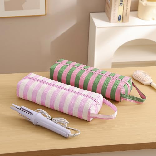 Image of RSRSLEII Striped Hair Tools Travel Bag,Hair Styling Accessories Storage Case for Shark FlexStyle,Dyson Airwrap Hair Dryer,Curling Iron,Straightener,Revlon Hair Tools,Portable&Foldable(16Pink&White)