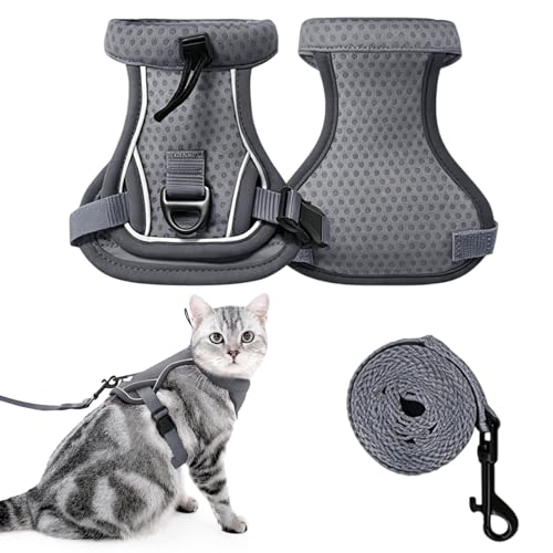 Katzenleine mit Geschirr,Inklusive Leine Katzen Geschirr Set,Weich und Bequem mit Reflektierenden Streifen,Outdoor-Aktivitäten für Katzen(Grau,M)