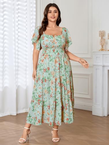 Image of SCOMCHIC Womens Plus Size Maxi Dress Formal Short Sleeve Square Neck Smocked Side Split Flowy A Line Tiered Long Dress