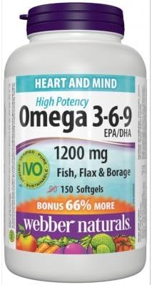 Webber Naturals Omega 3-6-9 Aceites de linaza, pescado y borraja 1200 mg, 150 cápsulas blandas Tamaño extra