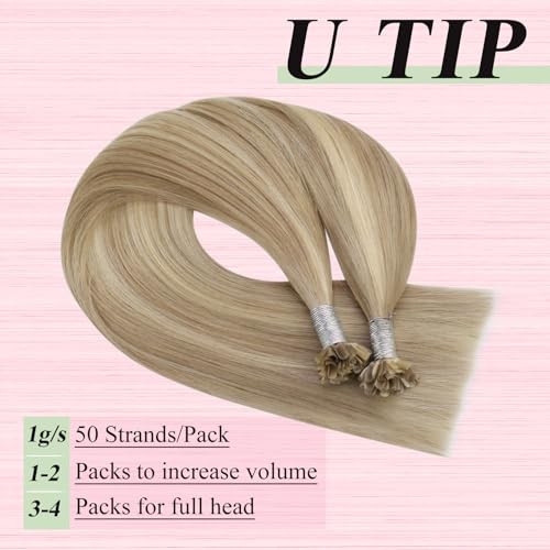 Image of YoungSee U Tip Hair Extensions Blonde Highlight Remy Human Hair Utips Extensions Blonde U Tips Hair Extension Human Hair Highlight Ktip Hair Extension for Women Hot Fusion 20In 1G /S 50G
