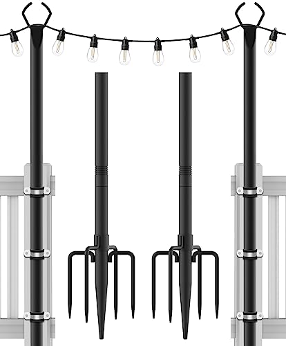 AILBTON 10Ft String Light Poles 2 Pack,Light Poles for Outside Lights,Outdoor with Fence Brackets Hanging Lights,Metal Stand Deck Patio Backyard