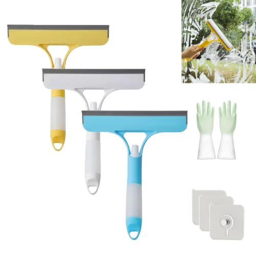 3 in 1 Window Cleaning Scraper, 2025 New Spray Shower Squeegee for Glass Doors, Squeegee with Hook for Car, Home, Kitchen Window, Tile Shower Walls, Easy to Clean Without Streaks (3pcs)