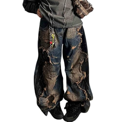 BXCNCKD Women's Retro Washed Patchwork Fringed Jeans with Spicy Style and Loose Wide Leg Pants