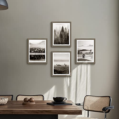 Framed Landscape Wall Art Bedroom: Modern Foggy Forest Picture Bathroom Living Room Black Pine Tree Nature Scene Print 4 Piece 11X14 Vertical Misty Mountain Deer Painting Artwork For Home Office #TOP2