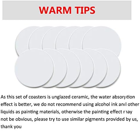 Vencer Set of 12 Round White Ceramic Tiles 4-Inch Cork Backing Pads with 2 Brushes and Acrylic Pigment,DIY Coasters Picture for Home Decorative,Painting Projects,Ready-to-Paint Ceramics
