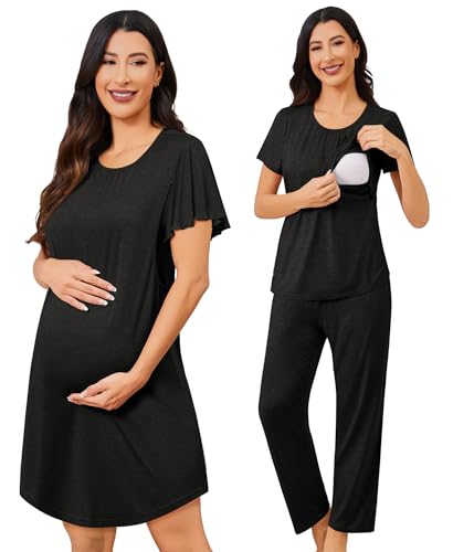Image of SWOMOG 3PCS Maternity Nursing Nightgown & Pajamas Set Short Sleeve Pjs for Breastfeeding Hospital Pregnancy Lounge Sets Black Grey