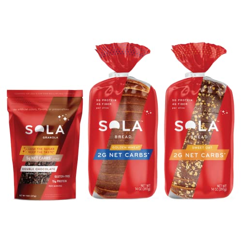 Sola Low Carb & Keto Friendly Variety Pack - 1 Low Carb & Keto Friendly Double Chocolate Granola, 1 Low Carb & Keto Friendly Golden Wheat Bread, 1 Low Carb & Keto Friendly Sweet Oat Bread, (3 Ct) #TOP14
