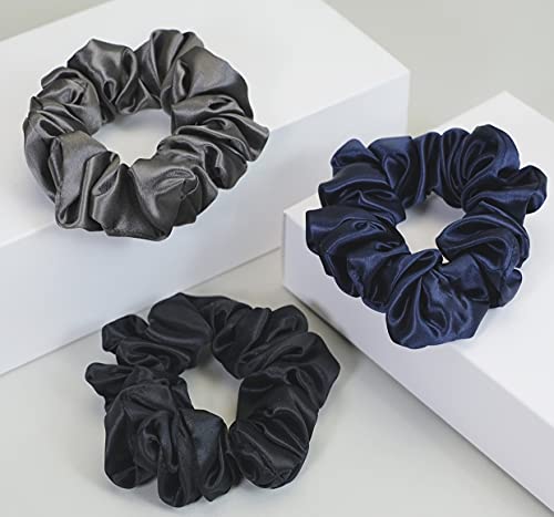 VEGAWIWI Silk Scrunchies for Hair 100% Pure 22 Momme Mulberry Silk Scrunchies for Curly Hair 3 Pack Silk Hair Ties for Women Girls with Elastic Band ( Black, DarkGray, NavyBlue )