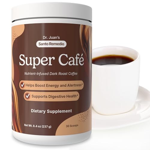 Santo Remedio Super Caf Coffee Powder with Prebiotic Fiber & Mushrooms Dark Roast 100 mg Caffeine Green Tea & Green Coffee Lions Mane & Ashwagandha 30 Servings