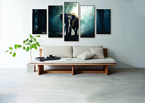 PMSM Impression sur Toile - 5 Parties - 150X80 cm - Éléphant majestueux - Plusieurs Éléments - Prete A Suspendre - Encadrée - Tableaux pour La Mur - Motif Moderne Cover