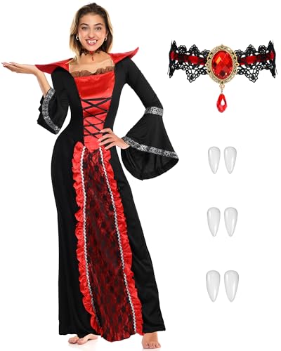 Xtinmee 5 Pcs Women Royal Vampire Costume Halloween Costume Adult Dress Victorian Vampire Teeth Fangs Necklace Role Playing(Adults, Large)
