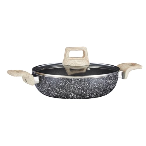 Amazon Brand - Solimo 24 cm Non-Stick Kadai with Lid | Granite Stone Deep Frying Pan | Induction & Gas Compatible | Metal Spoon Friendly | Biryani & Curry Cooking Pot