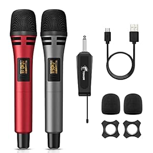 TONOR Kabellose Mikrofone, UHF Duales Karaoke Mikrofon Set mit wiederaufladbarem Empfänger, Kabelloses dynamisches Mikrofon, 60 m Mikrofon-Set für Singen, Hochzeiten, Party, Ansprachen TW320 Grau&Rot