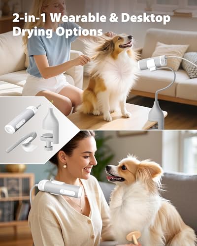 L&W BROS. 2-in-1 Pet Hair Dryer with Clamp Stand – Wearable & Hands Free Dog Grooming Dryer, 950W Low Noise Blower with 5 Heat & 3 Speed Settings, for Small to Medium Pets (White) - Thumbnail 2