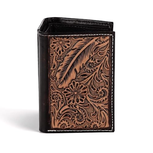 ARIAT Men's Trifold Wallet - Genuine Leather with Feather Embossed Design, Brown