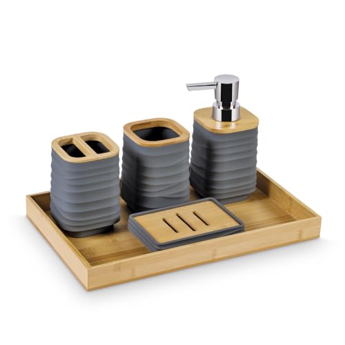 Image of Freelance Portofino ABS Bathroom Accessories Set of 5, Grey - Liquid Handwash Soap Dispenser, Brush /Toothbrush Holder, Tumbler, Dish, Tray - Plastic Set for Wash Basin - Stronger Than Ceramic