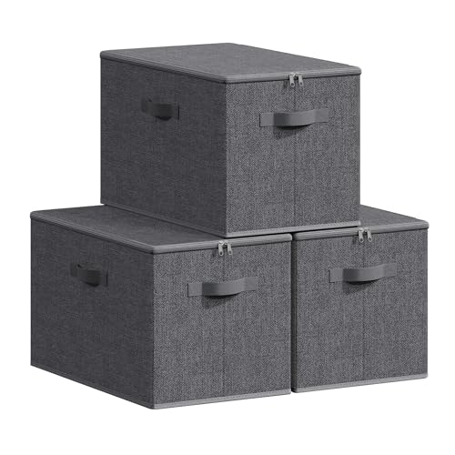 SONGMICS Scatole Portaoggetti con Coperchio, Contenitori Pieghevoli con Maniglie, Organizzatori per Vestiti, Set di 3, 50 x 30 x 30 cm, Tessuto non Tessuto, Grigio Ardesia RZB050GN02