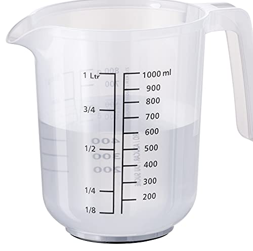 Foto von APS Rührbecher mit Deckel - Messbecher mit Maßskalen für Flüssigkeiten (l/ml), Zucker (g) und Mehl (g) / Volumen 1 Liter/Ø 12,5 cm/Höhe 16 cm