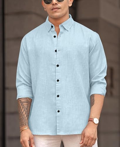 Image of Men's Solid Linen Blend Cotton Shirt | Full Sleeve Plain Shirt for Men | Regular Fit Casual & Formal Wear