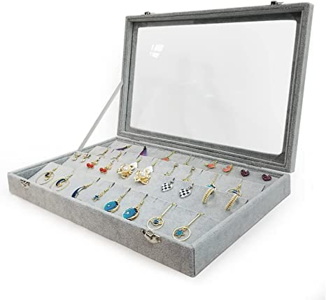 Image of Velvet Jewelry Drawer Organizer Tray Stackable Jewelry Tray for Drawer and Storage Display Rings and All Other Jewellery Needs (Earring Box Grey, Grey)