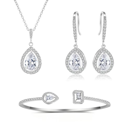 Glintara Bridal Jewellery Set for Wedding, Silver Bride Jewelry Set with 5A Cubic Zirconia, Teardrop Pendant Necklace & Dangle Hook Earrings & Open Adjustable Bracelet, Wedding Jewellery with Gift box