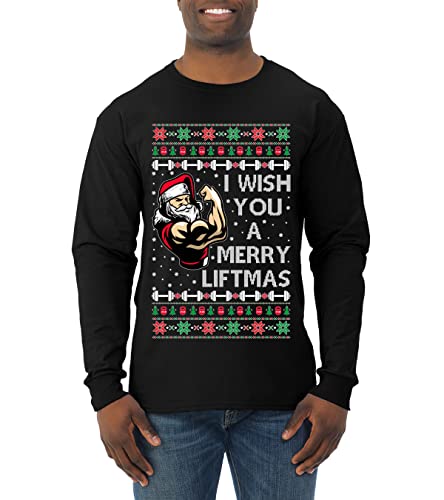 I Wish You a Merry Liftmas Funny Swole Santa Claus Gym Lifting Ugly Christmas Sweater Mens Long Sleeve Shirt, Black, Large