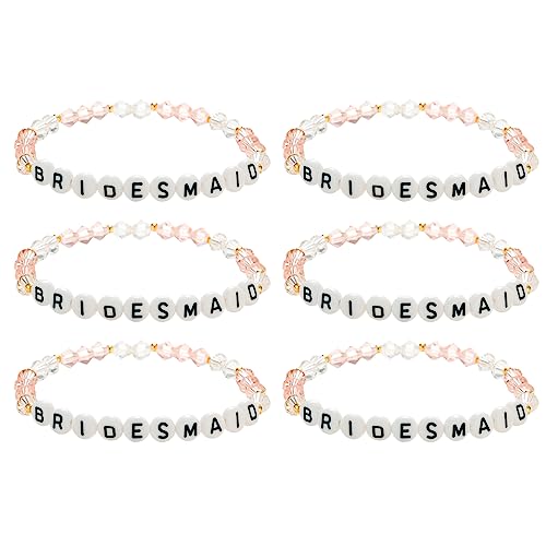 Vanjewnol Pink Bridesmaid Bracelet Set of 6, Bridesmaid Gifts for Wedding Day, Maid of Honor Proposal Gifts, BR04B