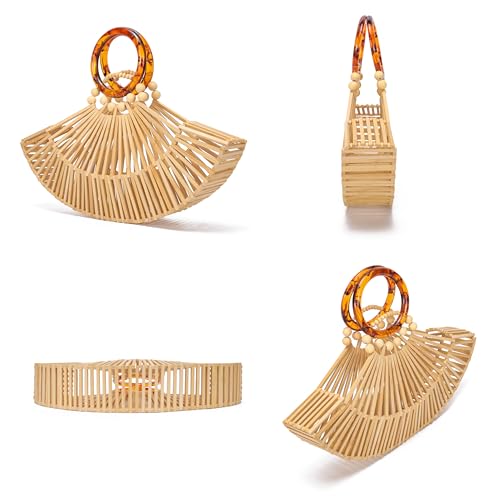 Image of Bamboo Purses for Women Natural Bamboo Acrylic Handle Clutch Small Tote Elegant Evening Bag for Vacation Wedding Travel