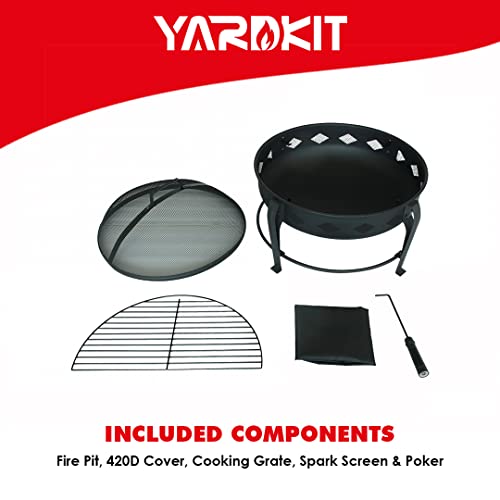 Yardkit Concord Fire Pit & Grill - Matte Black Round Firepit For Outside Bonfires And Grilling - Backyard Patio Wood Burning Fire Pits - Heavy Steel Construction With Cooking Grate & Cover - 26" X 20" #TOP4