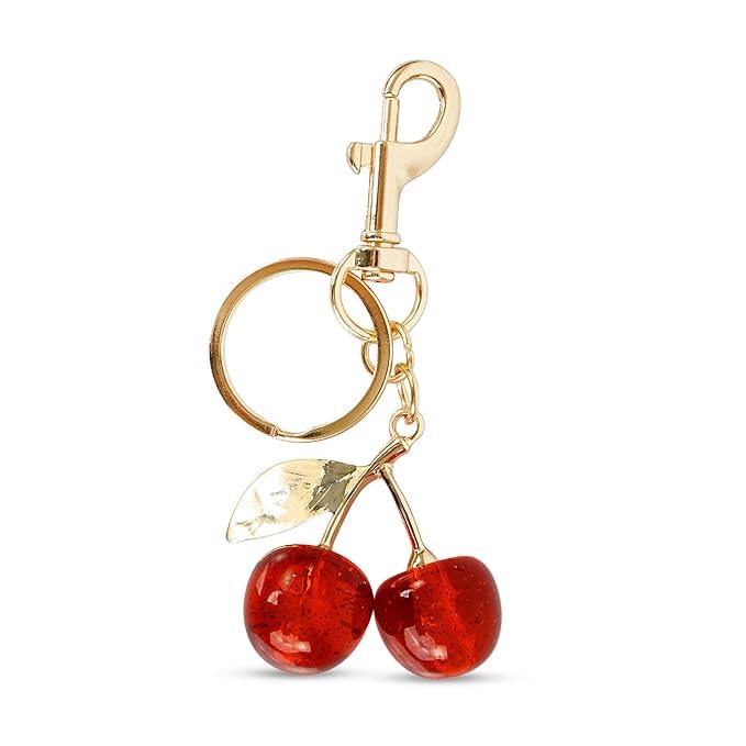 cute key ring - red crystal cherry bag charm with gold lobster clasp keychain | purse accessory to fit handbag tote backpack zip pull and car fob | aesthetic gift for women girls teens