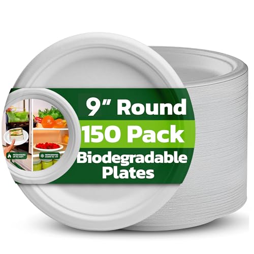 Ask Packaging 100% Compostable 9 Inch Strong Disposable Paper Plates – 150 Pack Heavy-Duty Eco-Friendly Biodegradable White Natural Bagasse Plates for Party Christmas Picnic Home Office