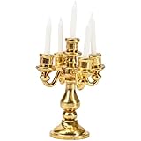 Dollhouse Candelabra 1/12 Scale Miniature 5-Arms Gold Candlestick Set with Candles, Vintage Plastic Candle Holder for Mini House Kitchen Decor, Cake Topper, Wedding Party Ornament