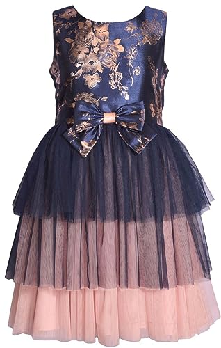 Bonnie Jean Girls 4-16 Navy Pink Foiled Shantung Tiered Mesh Dress