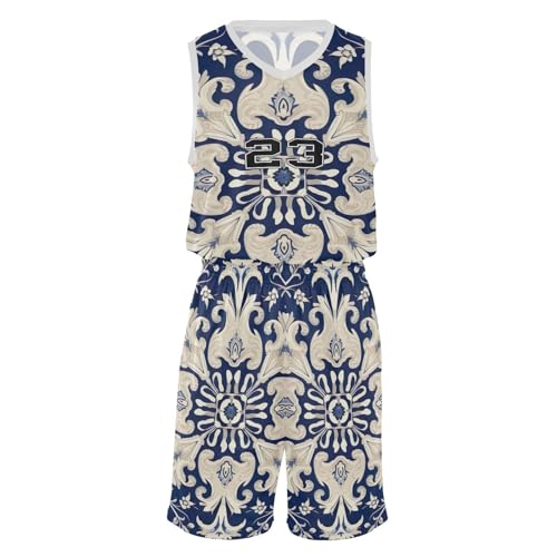 FLildon Blue Damask Baroque Floral Boys Basketball Jersey Set Tank Top Shorts Tracksuit Sport Training Suit for Kids, XXL