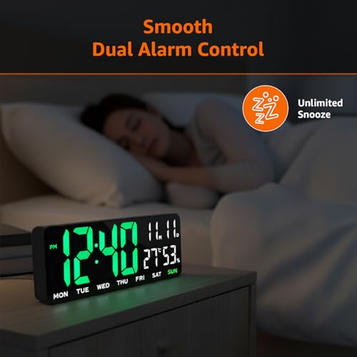Image of Amazon Basics LED Digital Wall Clock with Dual Alarm, Snooze, Auto Brightness, ABS, Black Color,USB Powered, 12 /24 Hr Format, Modern Display for Bedroom, Home, Office (Size: 35 x 13.2 x 2.9 cm)